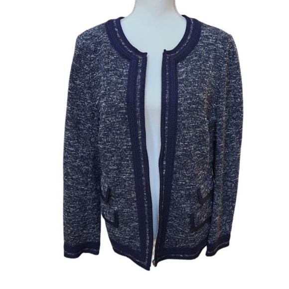 Talbot's Woman Navy Blue and White Collarless Zip Up Blazer, 14W NWT - Picture 2 of 11